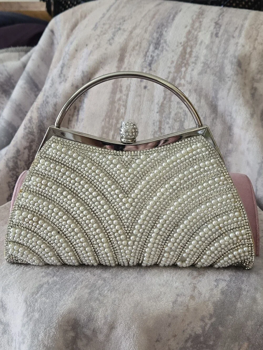 Pearl Rhinestone Bridal Evening Bag Silver Top Handle Wedding Clutch